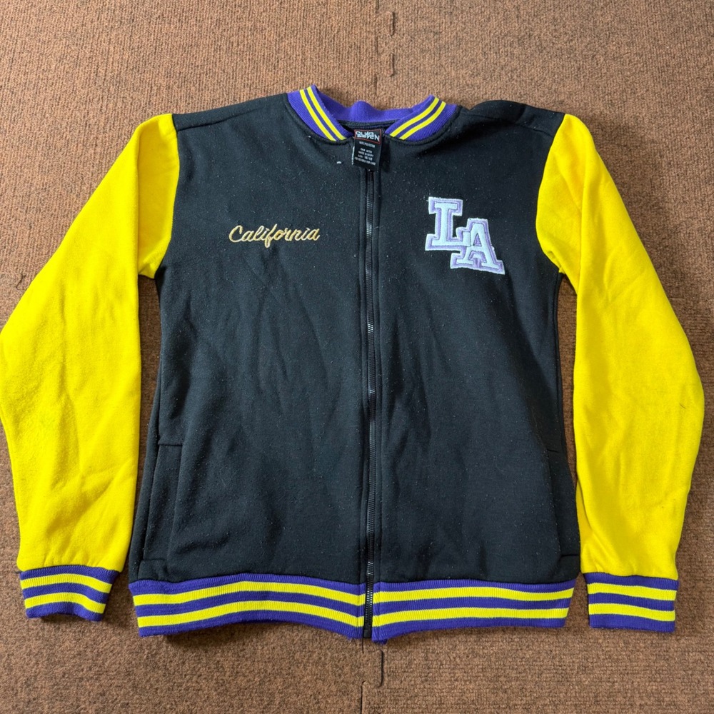 Quad Seven Boys LA California Varsity Bomber Jacket Black Yellow‎ Size 16/18 XL